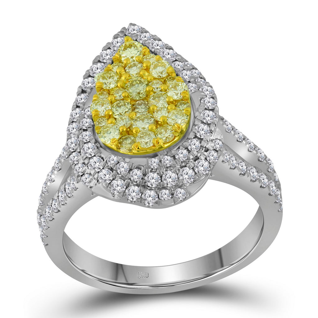 14kt White Gold Womens Round Canary Yellow Diamond Teardrop Cluster Bridal Wedding Engagement Ring 1-1/4 Cttw