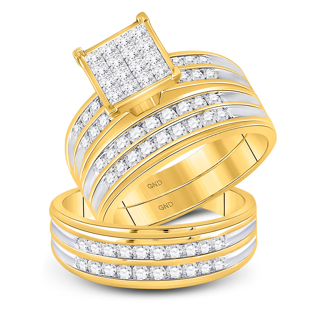 14kt Yellow Gold His & Hers Princess Diamond Cluster Matching Bridal Wedding Ring Band Set 1-1/2 Cttw