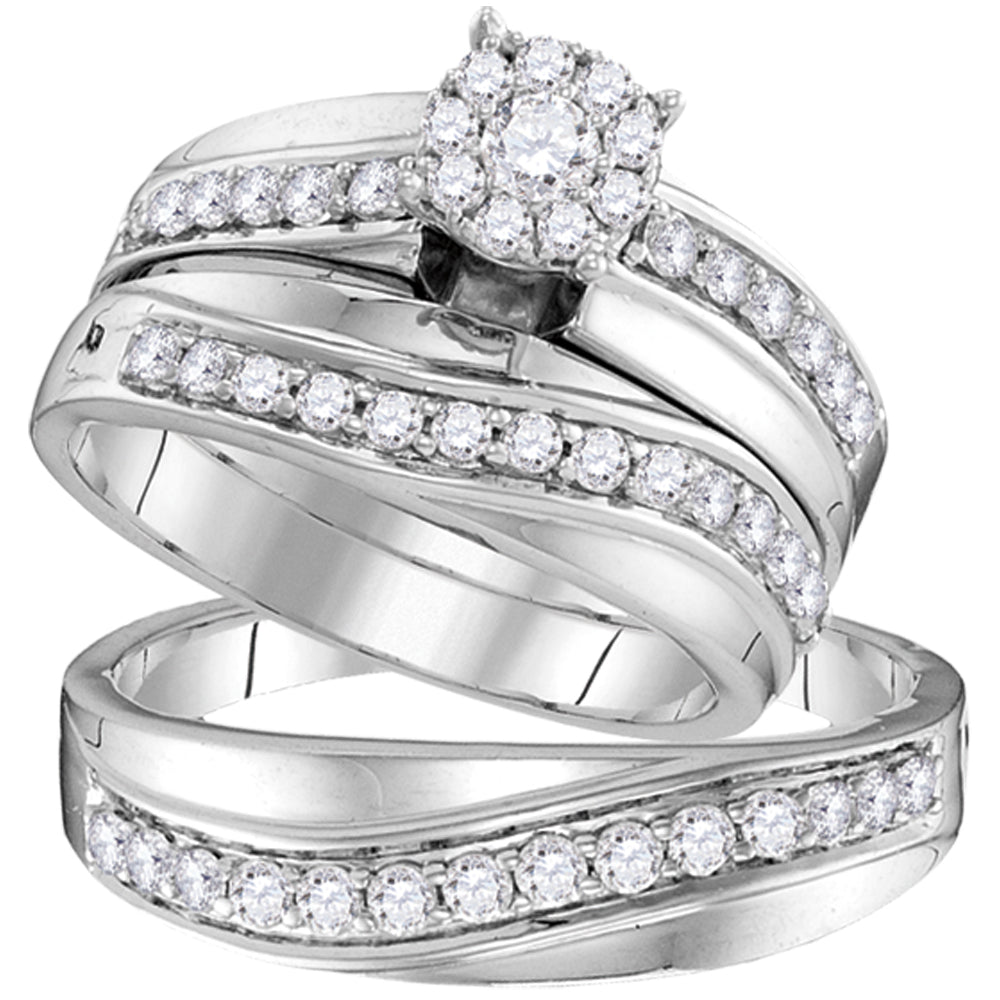 14kt White Gold His & Hers Round Diamond Cluster Matching Bridal Wedding Ring Band Set 1.00 Cttw