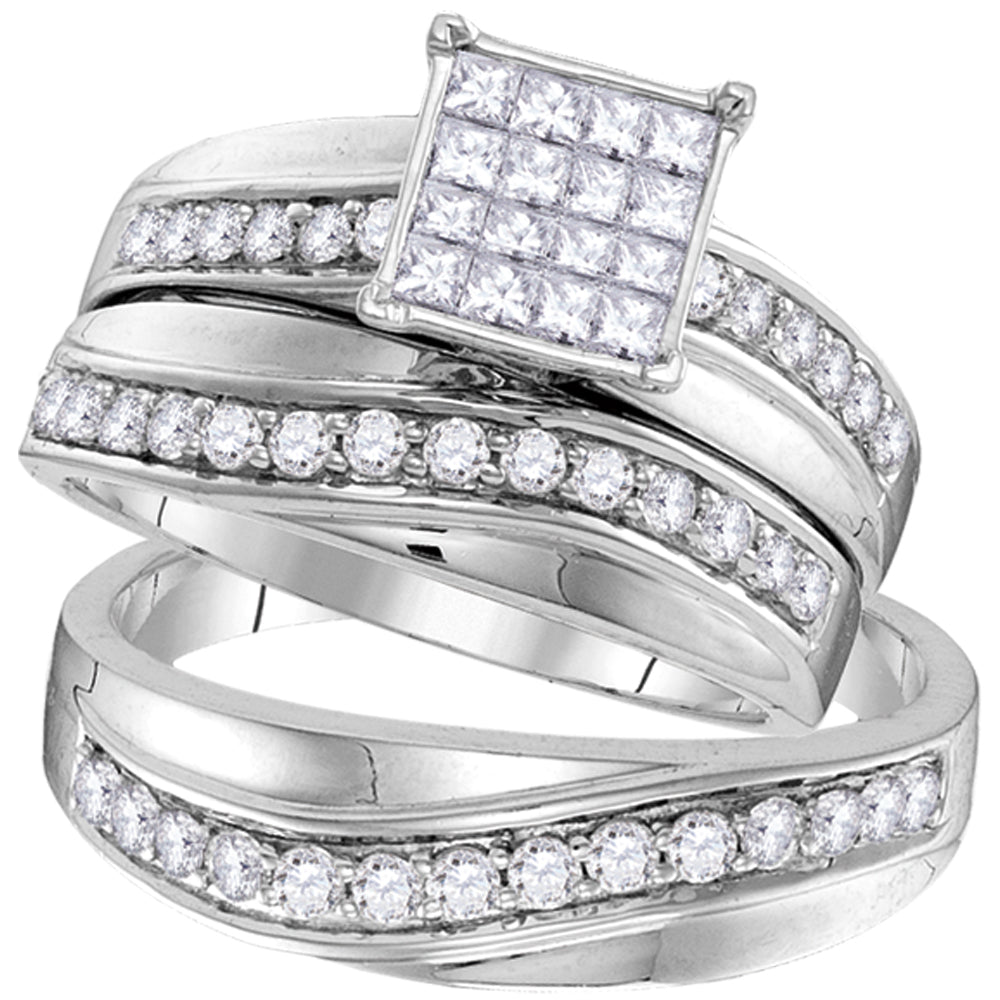 14kt White Gold His & Hers Princess Diamond Cluster Matching Bridal Wedding Ring Band Set 1-1/5 Cttw