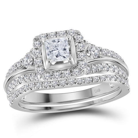 14kt White Gold Womens Princess Diamond Bridal Wedding Engagement Ring Band Set 7/8 Cttw