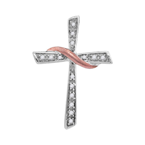Rose Gold & Silver Cross Pendant with Diamond and Tassel 1/20 Cttw