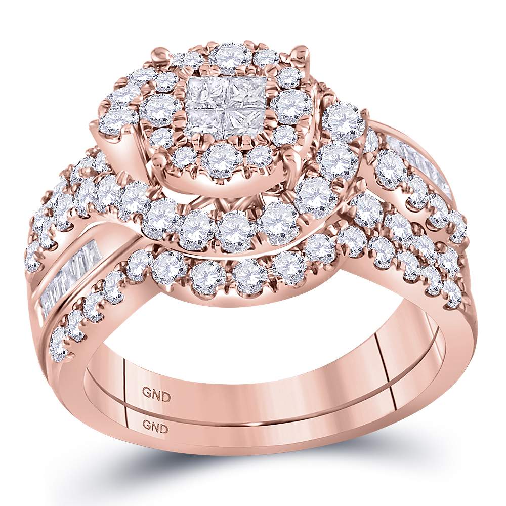 14kt Rose Gold Womens Princess Round Diamond Soleil Bridal Wedding Engagement Ring Band Set 1-3/4 Cttw