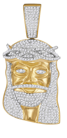 Diamond Encrusted Jesus Piece, 10K Yellow Gold Pendant for Men 1-1/3 Cttw