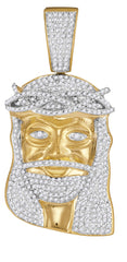 Diamond Encrusted Jesus Piece, 10K Yellow Gold Pendant for Men 1-1/3 Cttw