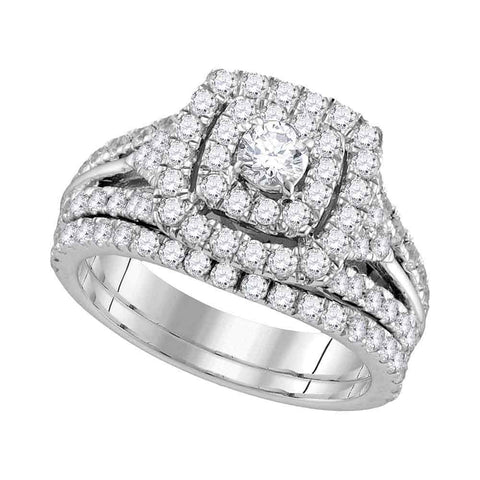 14kt White Gold Womens Round Diamond Double Square Halo Bridal Wedding Engagement Ring Band Set 1-7/8 Cttw