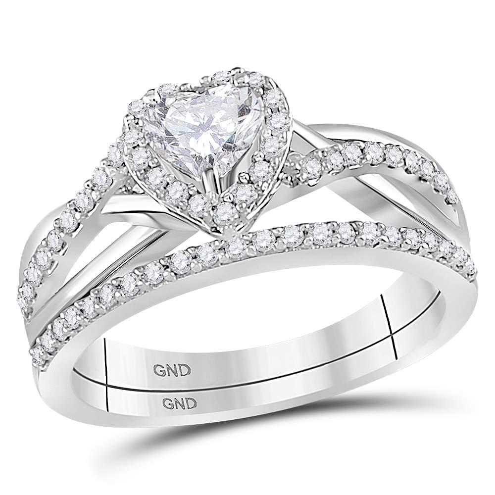 14kt White Gold Womens Heart Diamond Bridal Wedding Engagement Ring Band Set 7/8 Cttw