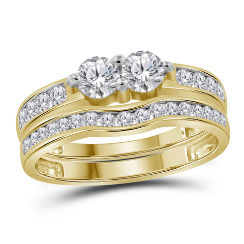 14kt Yellow Gold Womens Round Diamond 2-stone Bridal Wedding Engagement Ring Band Set 1.00 Cttw