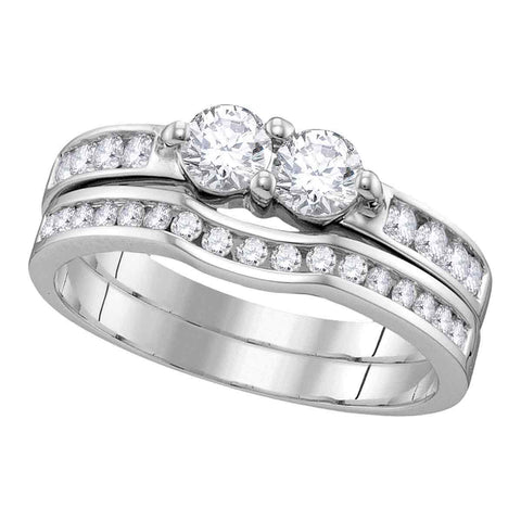 14kt White Gold Womens Round Diamond 2-Stone Hearts Together Bridal Wedding Engagement Ring Band Set 1.00 Cttw