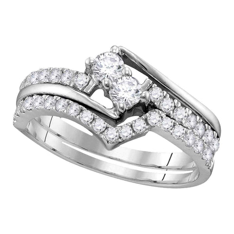 14kt White Gold Womens Round Diamond 2-stone Bridal Wedding Engagement Ring Band Set 1-1/2 Cttw