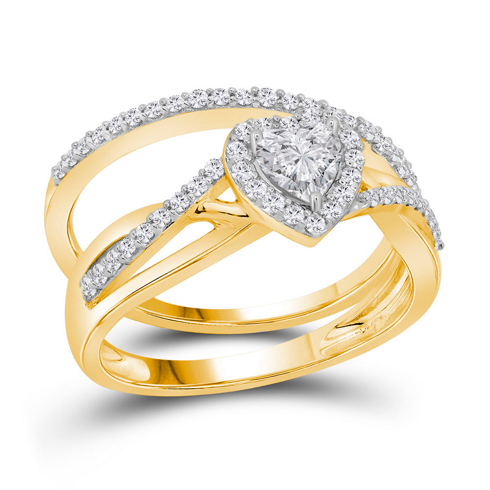 14kt Yellow Gold Womens Heart Diamond Bridal Wedding Engagement Ring Band Set 7/8 Cttw