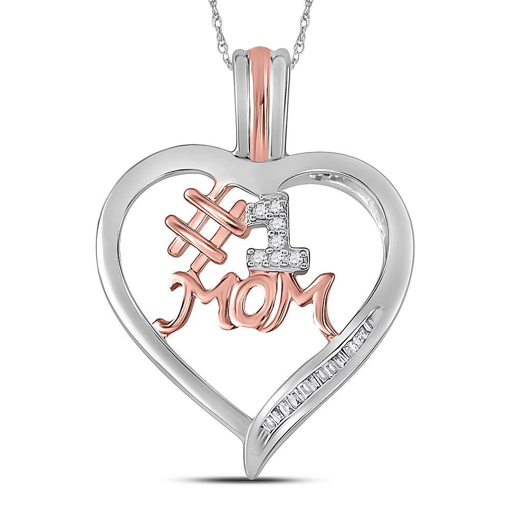 Rose Gold Plated, Sterling Silver #1 MOM Heart Pendant with Stones 1/10 Cttw
