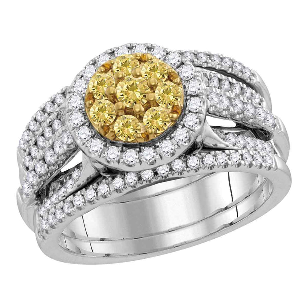 14kt White Gold Womens Round Yellow Diamond Bridal Wedding Engagement Ring Band Set 1.00 Cttw