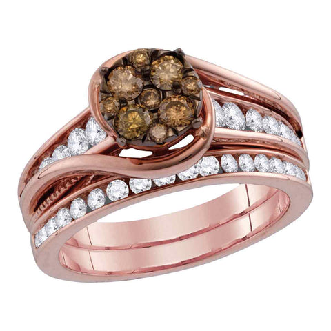 14kt Rose Gold Womens Round Cognac-brown Color Enhanced Diamond Bridal Wedding Engagement Ring Band Set 1 Cttw