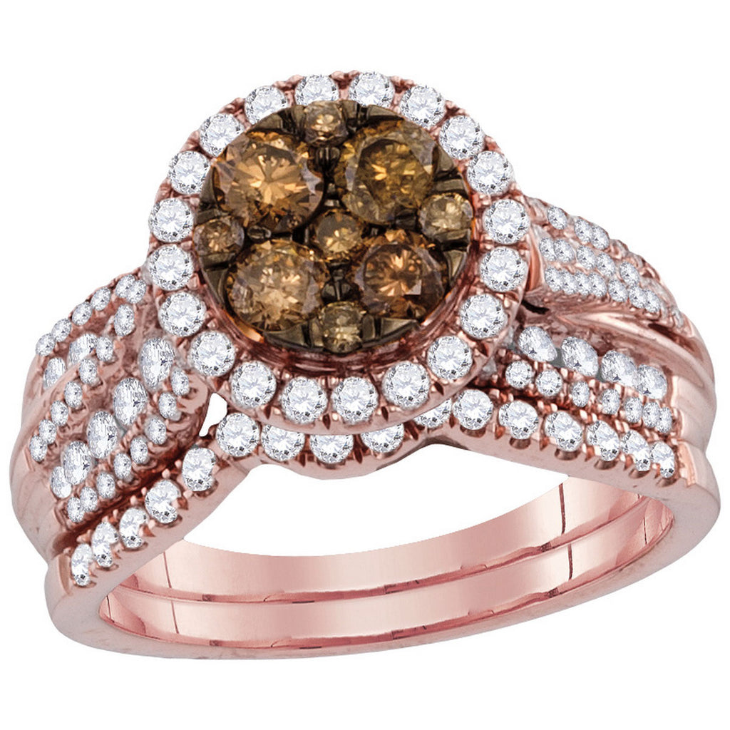 14kt Rose Gold Womens Round Cognac-brown Color Enhanced Diamond Bridal Wedding Engagement Ring Band Set