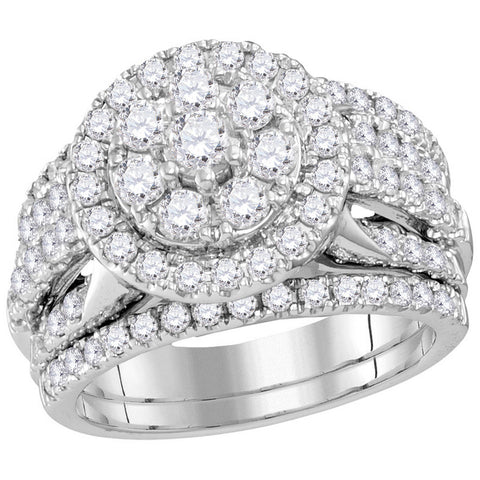 14kt White Gold Womens Round Diamond Cluster Bridal Wedding Engagement Ring Band Set 2.00 Cttw