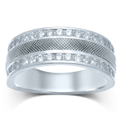 14kt white gold mens round diamond double row textured wedding band ring 1.00 cttw113376