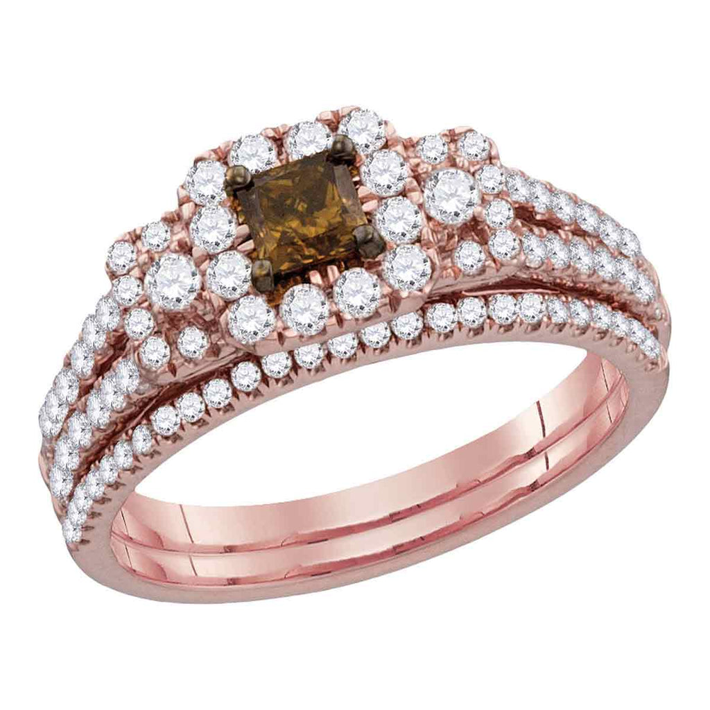 14kt Rose Gold Womens Cognac-brown Diamond Princess Halo Bridal Wedding Engagement Ring Band Set 1-1/12 Cttw