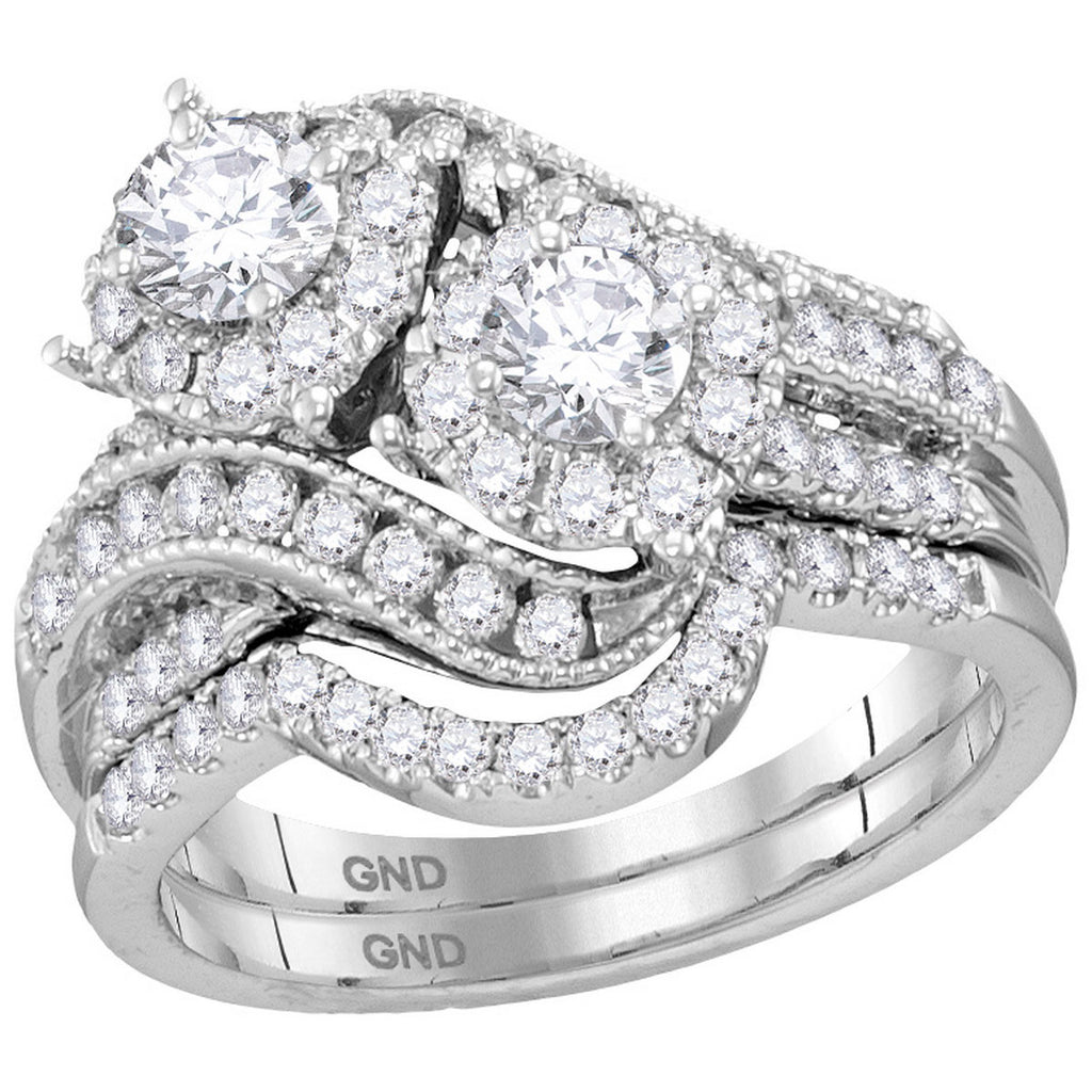 14kt White Gold Womens Round Diamond 2-Stone Halo Bridal Wedding Engagement Ring Band Set 1-1/2 Cttw (Certified)