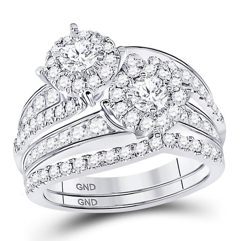 14kt White Gold Womens Round Diamond 2-Stone Bridal Wedding Engagement Ring Band Set 1-3/4 Cttw