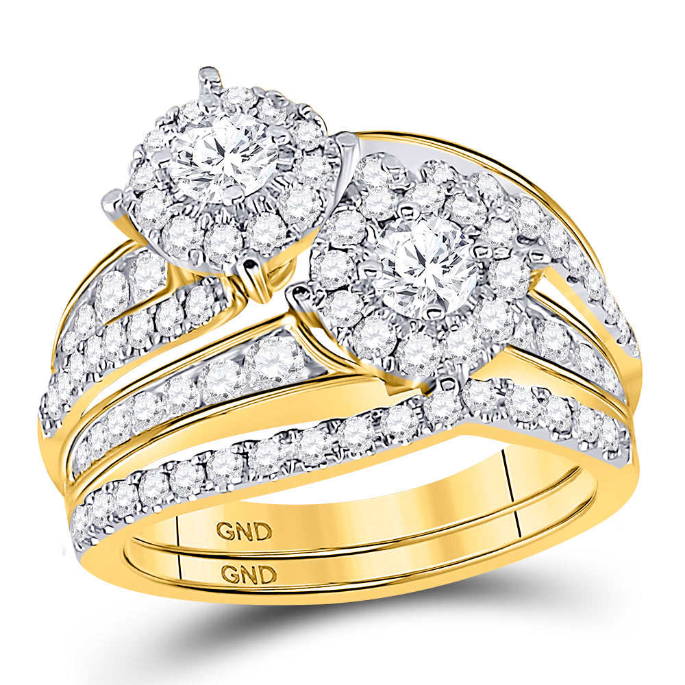14kt Yellow Gold Womens Round Diamond 2-Stone Bridal Wedding Engagement Ring Band Set 1-3/4 Cttw