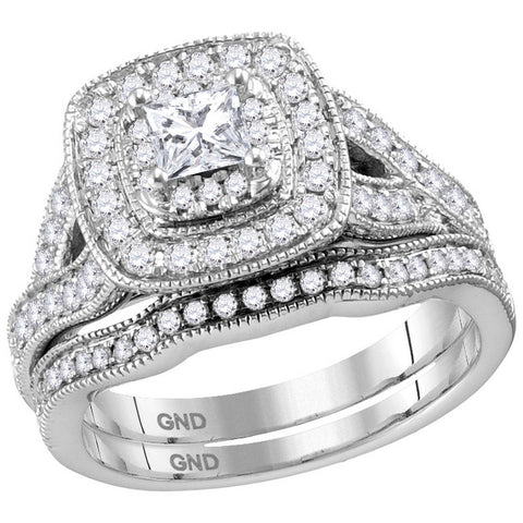 14kt White Gold Womens Princess Diamond Halo Bridal Wedding Engagement Ring Band Set 1-1/6 Cttw
