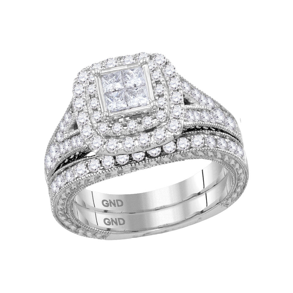 14kt White Gold Womens Princess Diamond Bridal Wedding Engagement Ring Band Set 1-1/4 Cttw