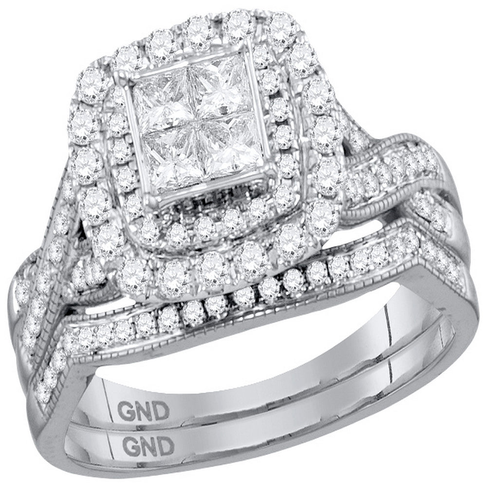 14kt White Gold Womens Princess Diamond Cluster Halo Bridal Wedding Engagement Ring Band Set 1.00 Cttw