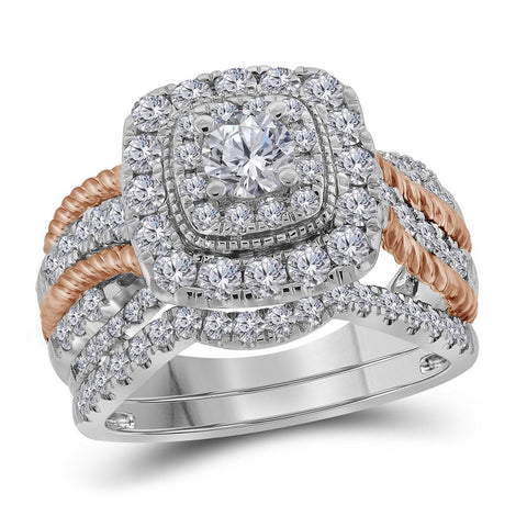 14kt Two-tone Gold Womens Round Diamond Bridal Wedding Engagement Ring Band Set 1-1/2 Cttw