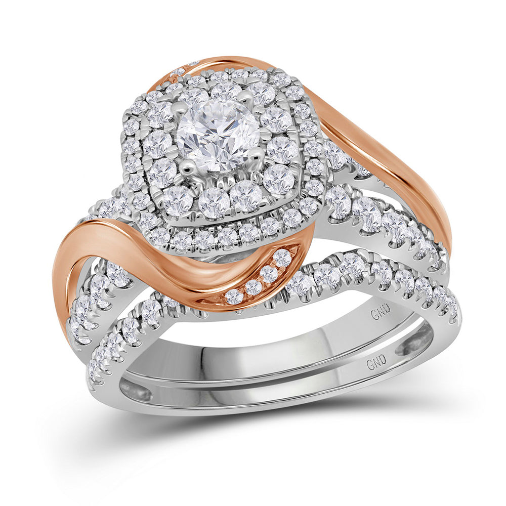 14k White Gold Rose-tone Womens Round Diamond Certified Double Halo Bridal Wedding Ring Band Set 1-1/2 Cttw