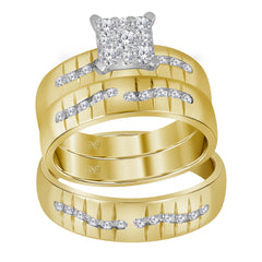 14kt yellow gold his & hers round diamond square cluster matching bridal wedding ring band set 5/8 cttw113832