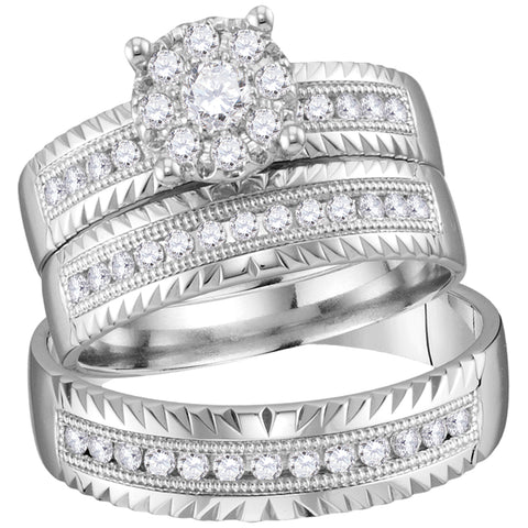 14kt White Gold His & Hers Round Diamond Cluster Matching Bridal Wedding Ring Band Set 3/4 Cttw