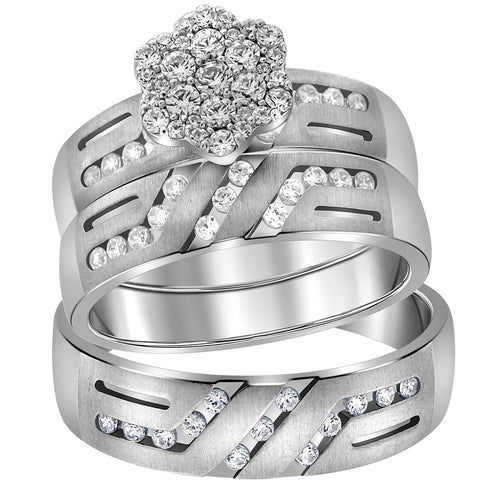 14kt White Gold His & Hers Round Diamond Cluster Matching Bridal Wedding Ring Band Set 5/8 Cttw