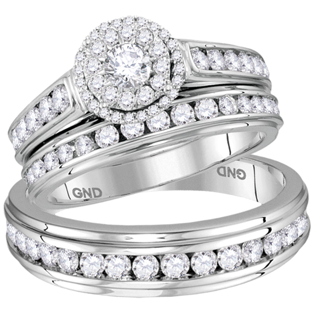 14kt White Gold His & Hers Round Diamond Solitaire Matching Bridal Wedding Ring Band Set 1-5/8 Cttw