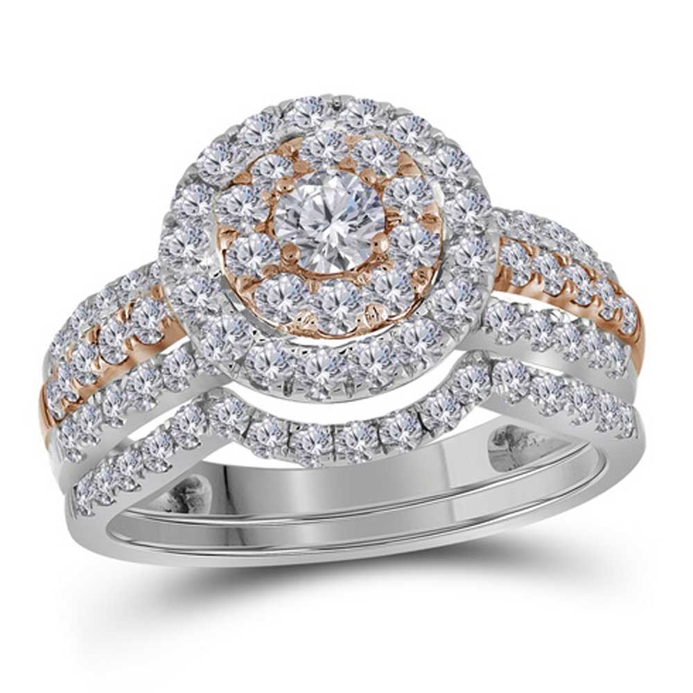 14kt Two-tone Gold Womens Round Diamond Bridal Wedding Engagement Ring Band Set 1-1/2 Cttw