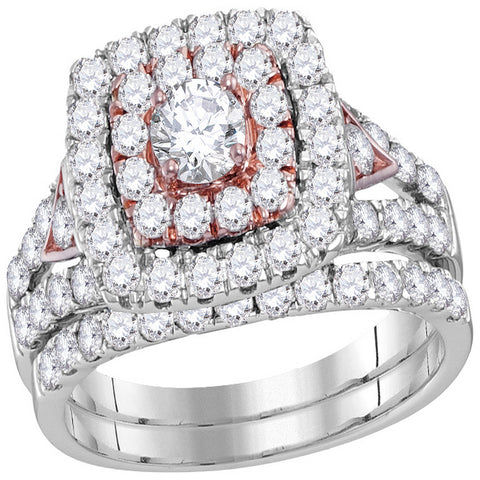 14kt White Gold Womens Round Diamond Double Halo Rose-tone Bridal Wedding Engagement Ring Band Set 2.00 Cttw
