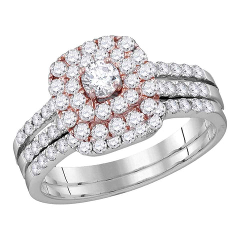 14kt White Gold Womens Round Diamond Double Halo Rose-tone Bridal Wedding Engagement Ring Band Set 1-1/5 Cttw
