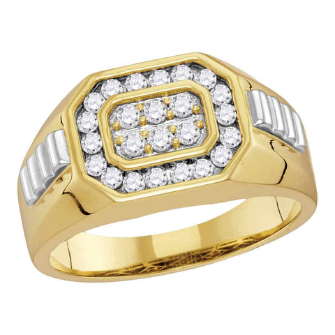 10kt Yellow Two-tone Gold Mens Round Diamond Octagon Frame Cluster Ribbed Ring 1/2 Cttw