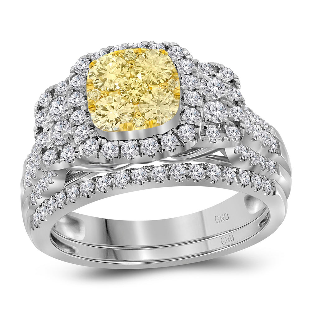 14kt White Gold Womens Round Yellow Diamond Bridal Halo Wedding Engagement Ring Band Set 1.00 Cttw