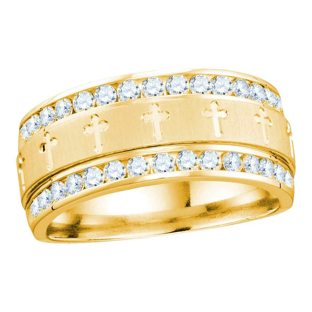 14k Yellow Gold Mens Round Diamond Grecco Christian Cross Wedding Anniversary Band Ring 1.00 Cttw