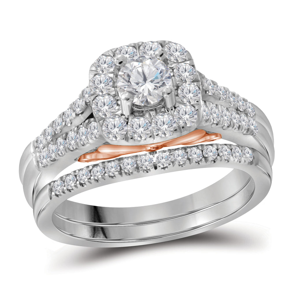14kt White Gold Womens Round Diamond Bellissimo Halo Bridal Wedding Engagement Ring Band Set 1.00 Cttw
