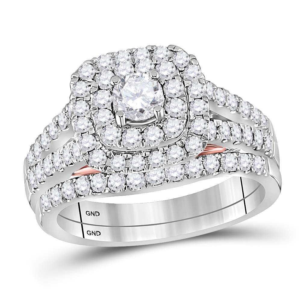 14kt White Gold Womens Round Diamond Bellissimo Double Square Halo Bridal Wedding Engagement Ring Band Set 1-1/4 Cttw