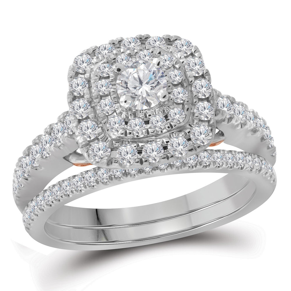 14kt White Gold Womens Round Diamond Bellissimo Double Square Halo Bridal Wedding Engagement Ring Band Set 1.00 Cttw