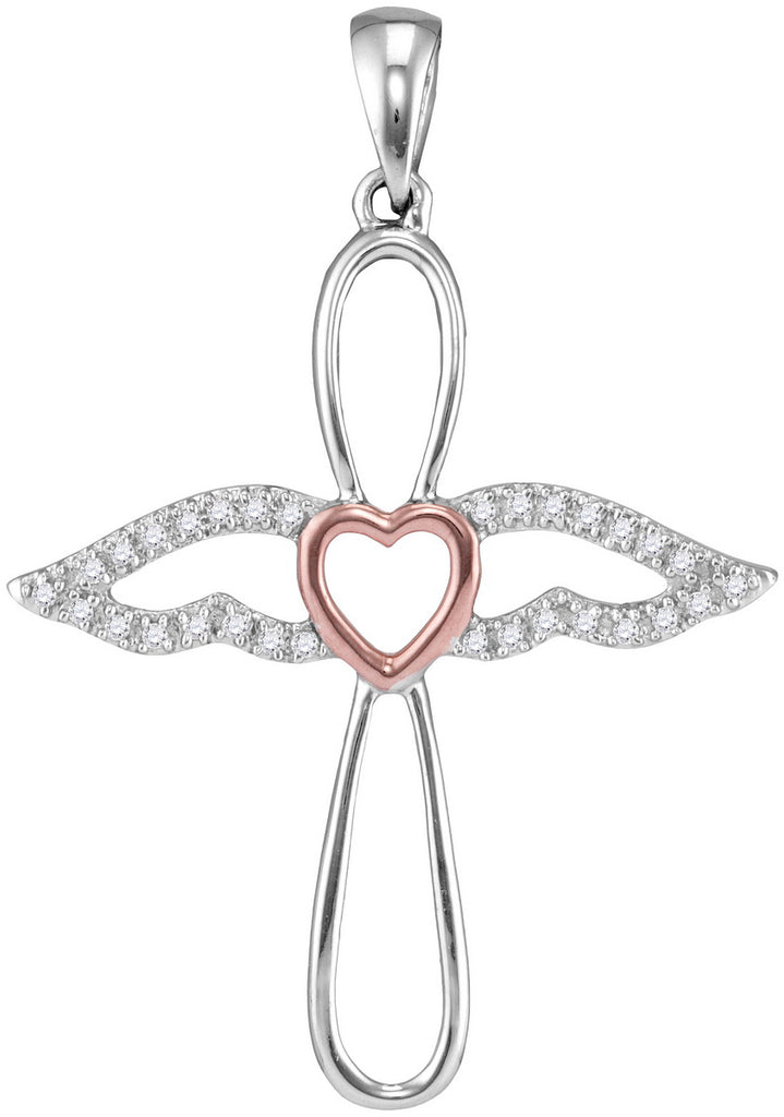 Angel Cross Necklace, Sterling Silver with Rose Gold Heart 1/8 Cttw