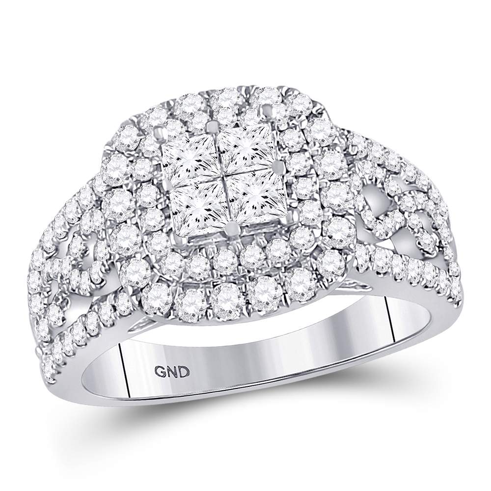 14kt White Gold Womens Princess Diamond Cluster Bridal Wedding Engagement Ring 1-1/2 Cttw