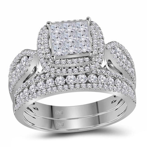 14kt White Gold Womens Princess Diamond Bridal Wedding Engagement Ring Band Set 1-1/2 Cttw