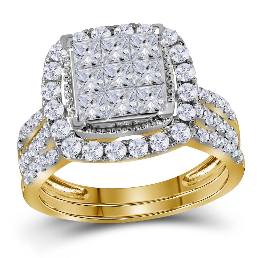 14kt Yellow Gold Womens Princess Diamond Halo Bridal Wedding Engagement Ring Band Set 1-3/4 Cttw