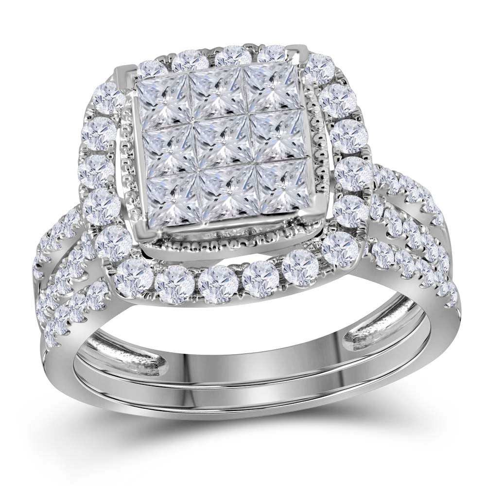 14kt White Gold Womens Princess Diamond Halo Bridal Wedding Engagement Ring Band Set 1-3/4 Cttw