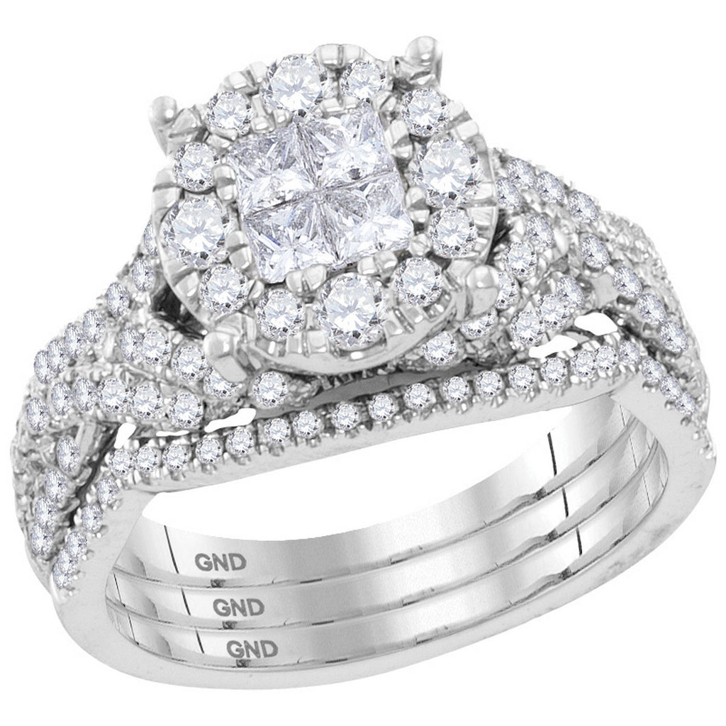 14kt White Gold Womens Princess Diamond Cluster 3-Piece Bridal Wedding Engagement Ring Band Set 1-1/2 Cttw