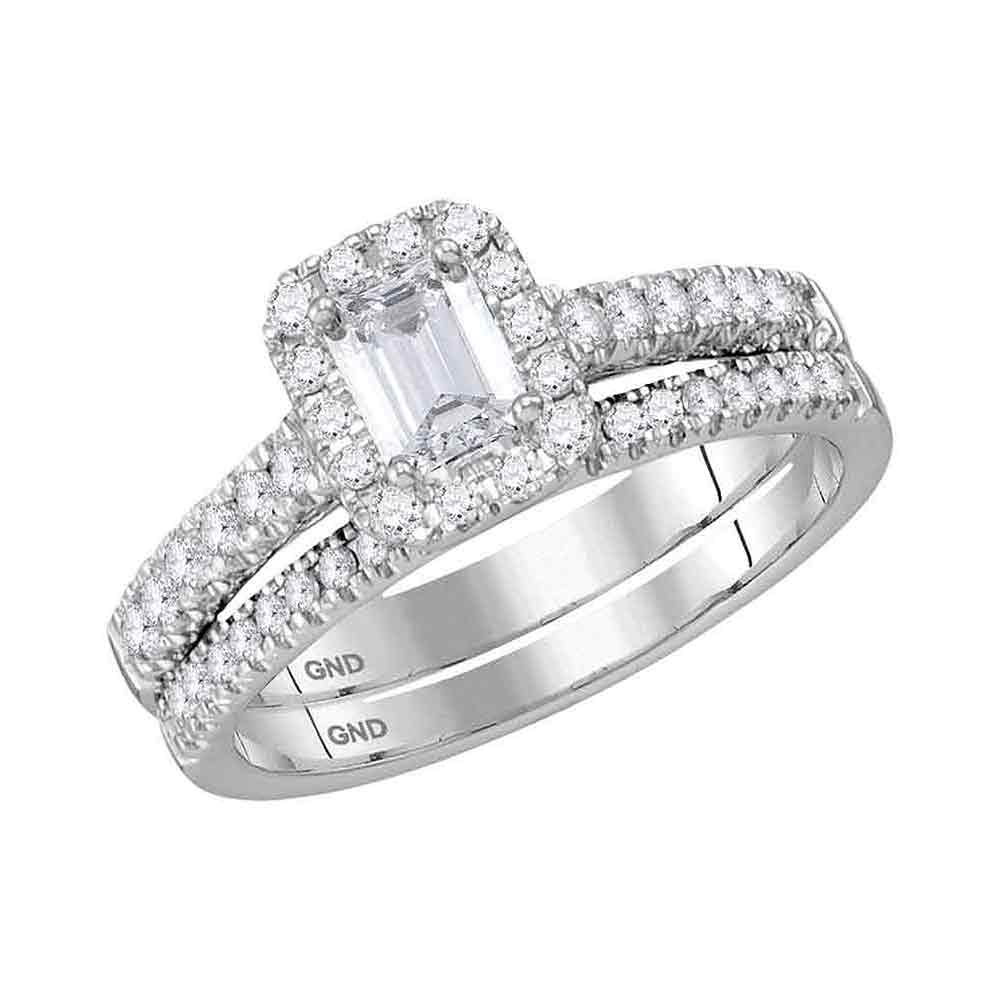 14kt White Gold Womens Emerald Diamond Bridal Wedding Engagement Ring Band Set 1.00 Cttw